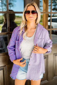 Thumbnail for Purple Mixed Plaid Button Down Long Sleeve Chest Pocket Shirt-9