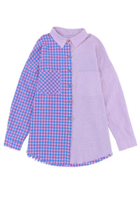 Thumbnail for Purple Mixed Plaid Button Down Long Sleeve Chest Pocket Shirt-25