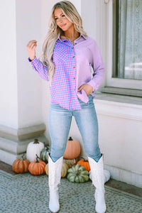 Thumbnail for Purple Mixed Plaid Button Down Long Sleeve Chest Pocket Shirt-4
