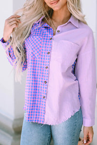 Thumbnail for Purple Mixed Plaid Button Down Long Sleeve Chest Pocket Shirt-6