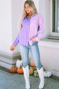 Thumbnail for Purple Mixed Plaid Button Down Long Sleeve Chest Pocket Shirt-3