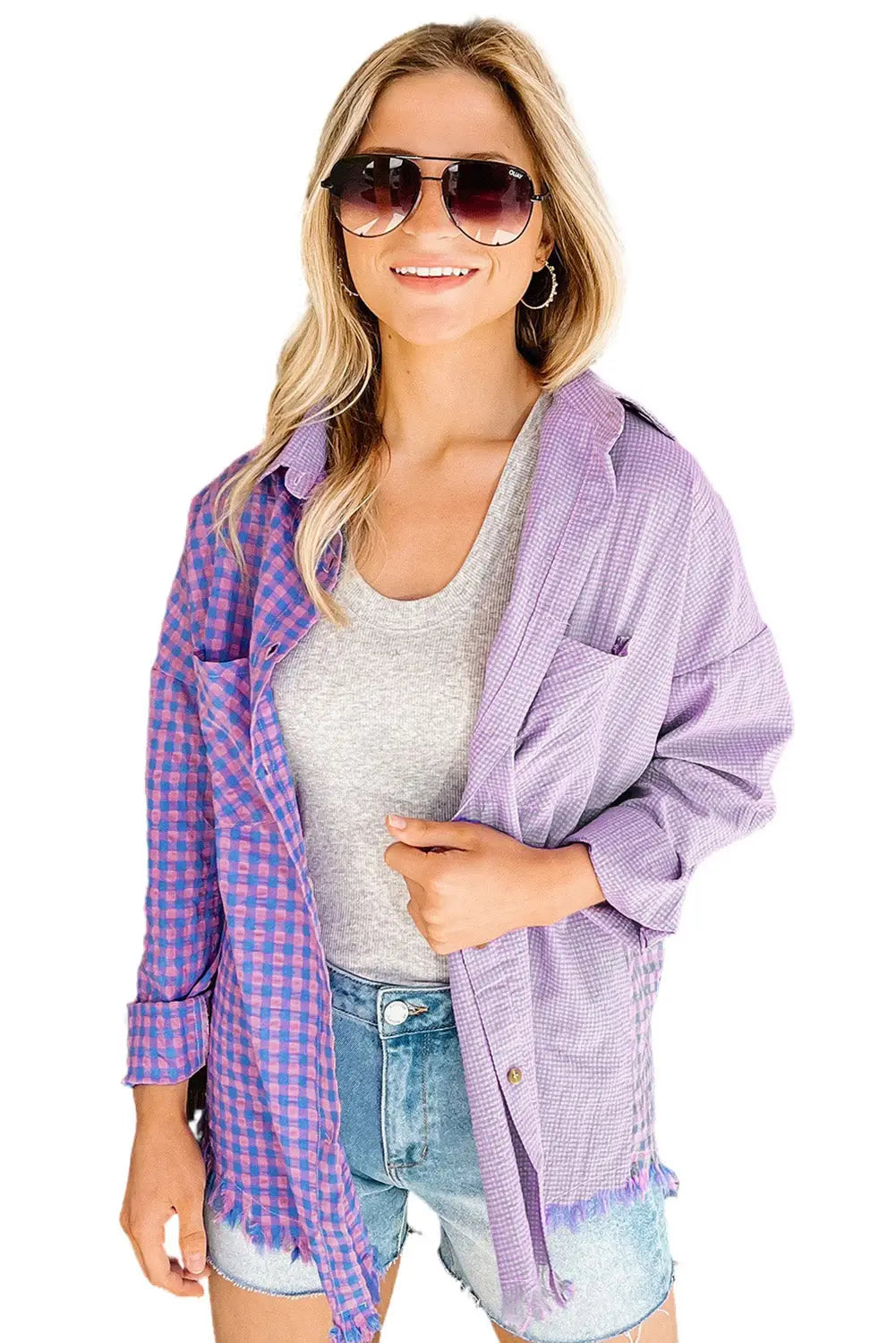Purple Mixed Plaid Button Down Long Sleeve Chest Pocket Shirt-17