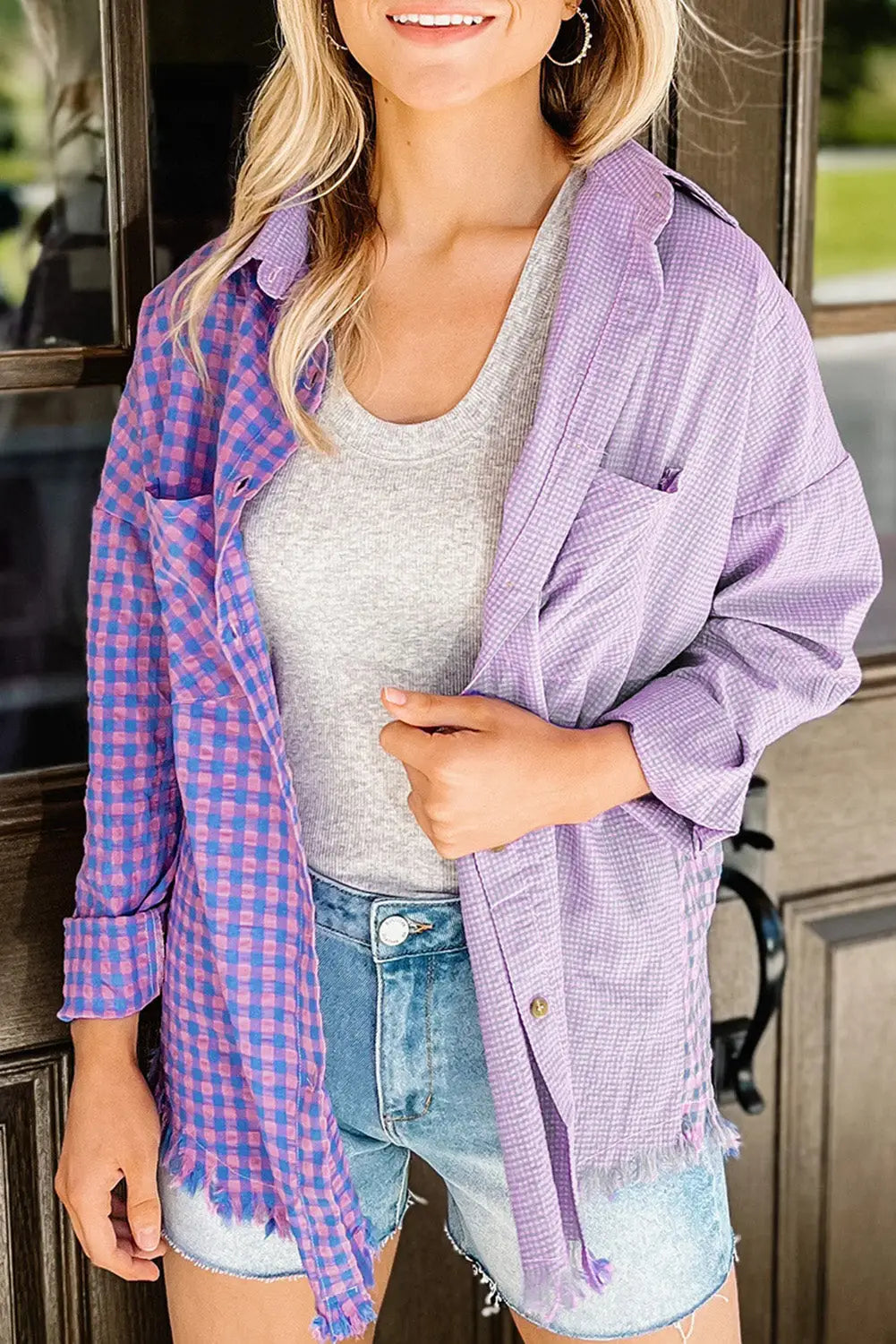 Purple Mixed Plaid Button Down Long Sleeve Chest Pocket Shirt-7
