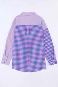Thumbnail for Purple Mixed Plaid Button Down Long Sleeve Chest Pocket Shirt-20