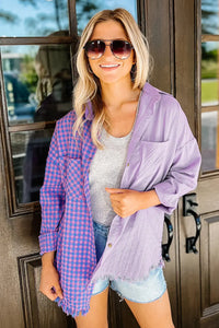 Thumbnail for Purple Mixed Plaid Button Down Long Sleeve Chest Pocket Shirt-11