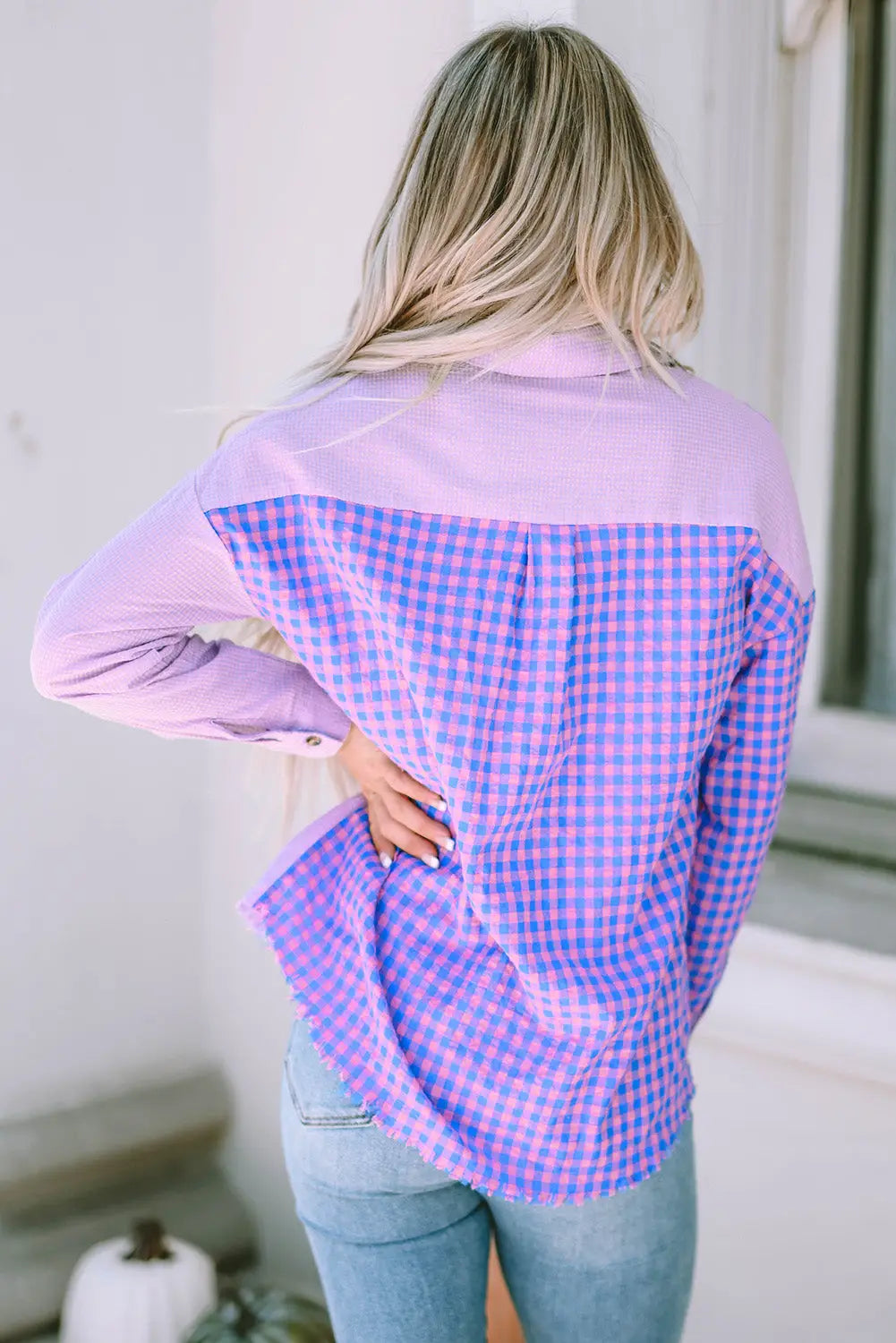 Purple Mixed Plaid Button Down Long Sleeve Chest Pocket Shirt-1