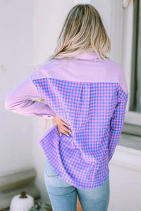 Thumbnail for Purple Mixed Plaid Button Down Long Sleeve Chest Pocket Shirt-1