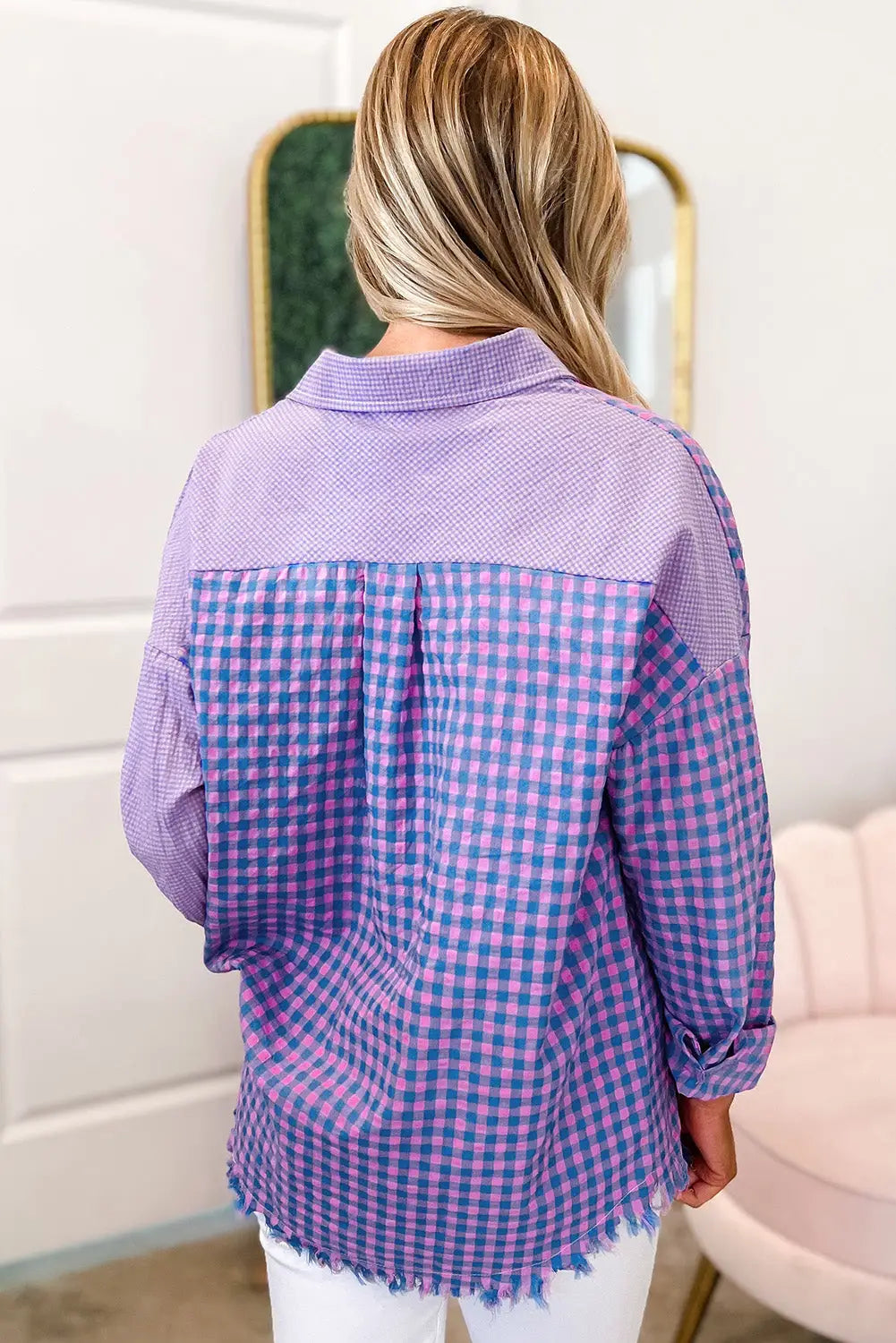 Purple Mixed Plaid Button Down Long Sleeve Chest Pocket Shirt-8