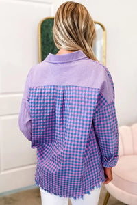 Thumbnail for Purple Mixed Plaid Button Down Long Sleeve Chest Pocket Shirt-8