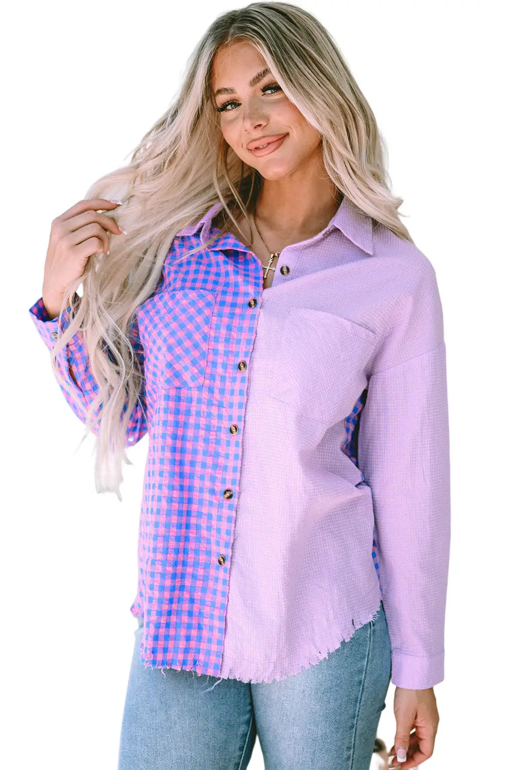 Purple Mixed Plaid Button Down Long Sleeve Chest Pocket Shirt-18