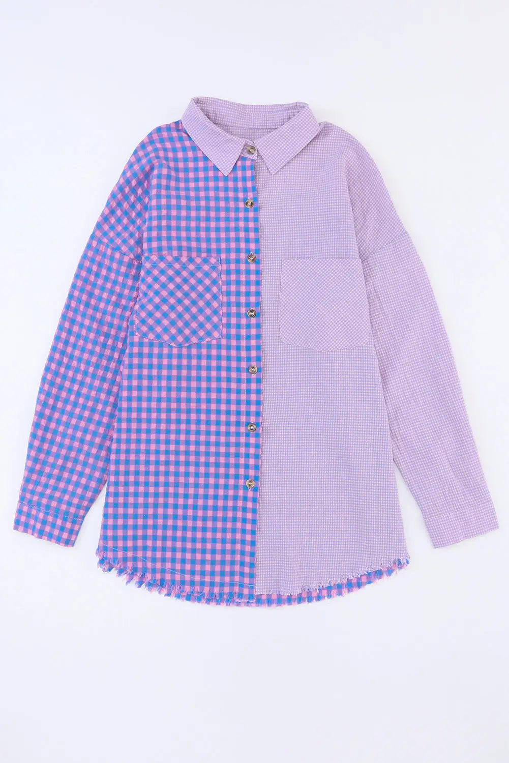 Purple Mixed Plaid Button Down Long Sleeve Chest Pocket Shirt-19