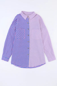 Thumbnail for Purple Mixed Plaid Button Down Long Sleeve Chest Pocket Shirt-19