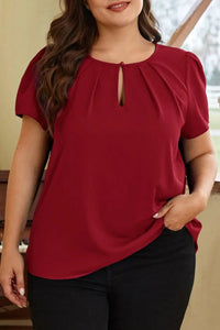Thumbnail for Red Dahlia Keyhole Pleated Crew Neck Plus Size T Shirt-0
