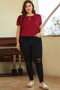 Thumbnail for Red Dahlia Keyhole Pleated Crew Neck Plus Size T Shirt-5