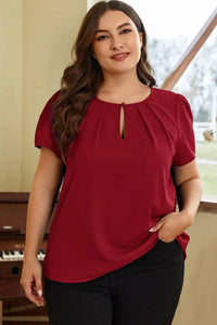 Thumbnail for Red Dahlia Keyhole Pleated Crew Neck Plus Size T Shirt-4