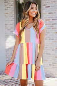 Thumbnail for Red Multicolor Striped Color Block Tiered Mini Dress-3