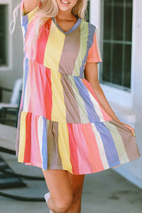 Thumbnail for Red Multicolor Striped Color Block Tiered Mini Dress-45