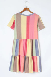 Thumbnail for Red Multicolor Striped Color Block Tiered Mini Dress-47