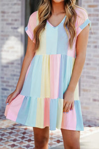 Thumbnail for Red Multicolor Striped Color Block Tiered Mini Dress-12