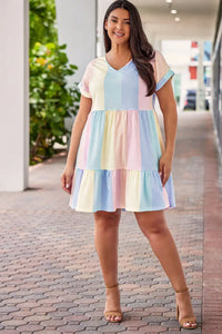 Thumbnail for Red Multicolor Striped Color Block Tiered Mini Dress-29