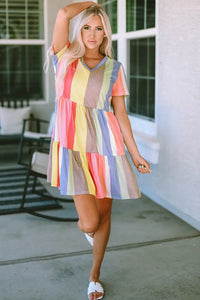 Thumbnail for Red Multicolor Striped Color Block Tiered Mini Dress-44