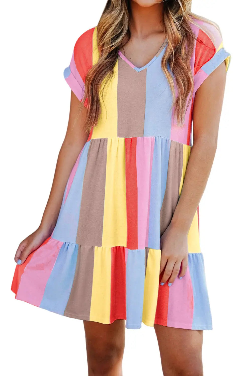 Red Multicolor Striped Color Block Tiered Mini Dress-5