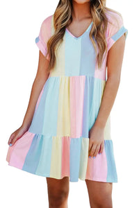 Thumbnail for Red Multicolor Striped Color Block Tiered Mini Dress-23