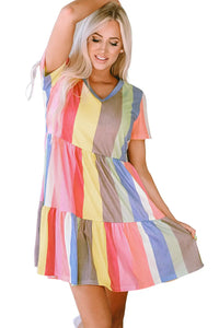 Thumbnail for Red Multicolor Striped Color Block Tiered Mini Dress-53