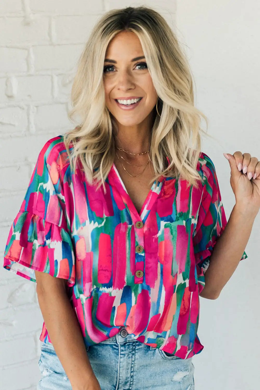 Rose Abstract Brushwork Print Buttoned V Neck Blouse-7