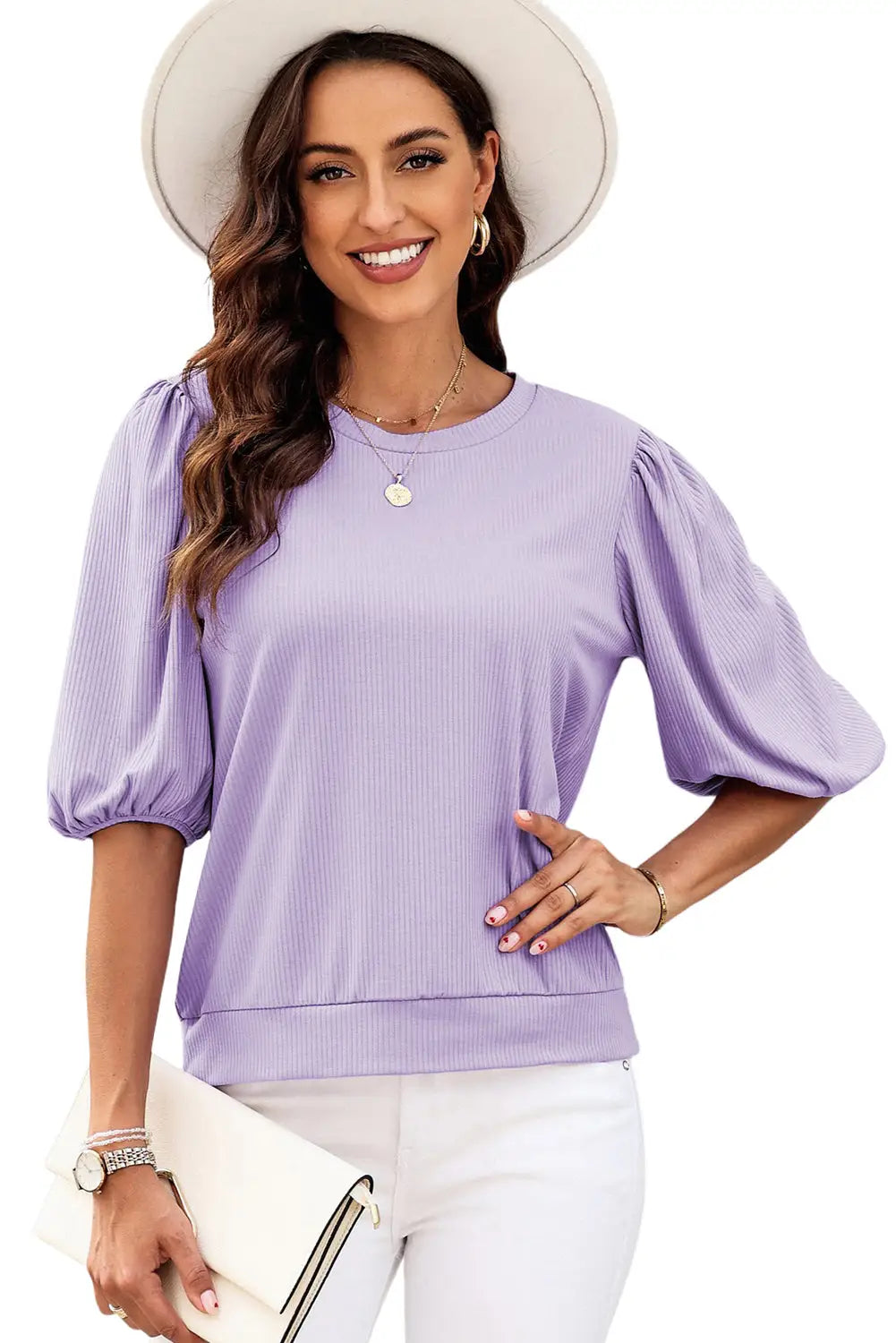 Rose Bubble Half Sleeves Ribbed Knit Top-23