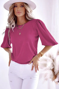 Thumbnail for Rose Bubble Half Sleeves Ribbed Knit Top-1