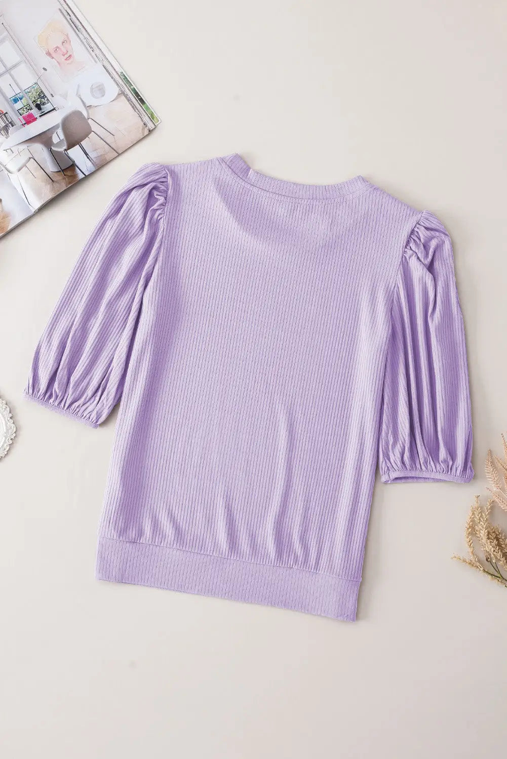 Rose Bubble Half Sleeves Ribbed Knit Top-25