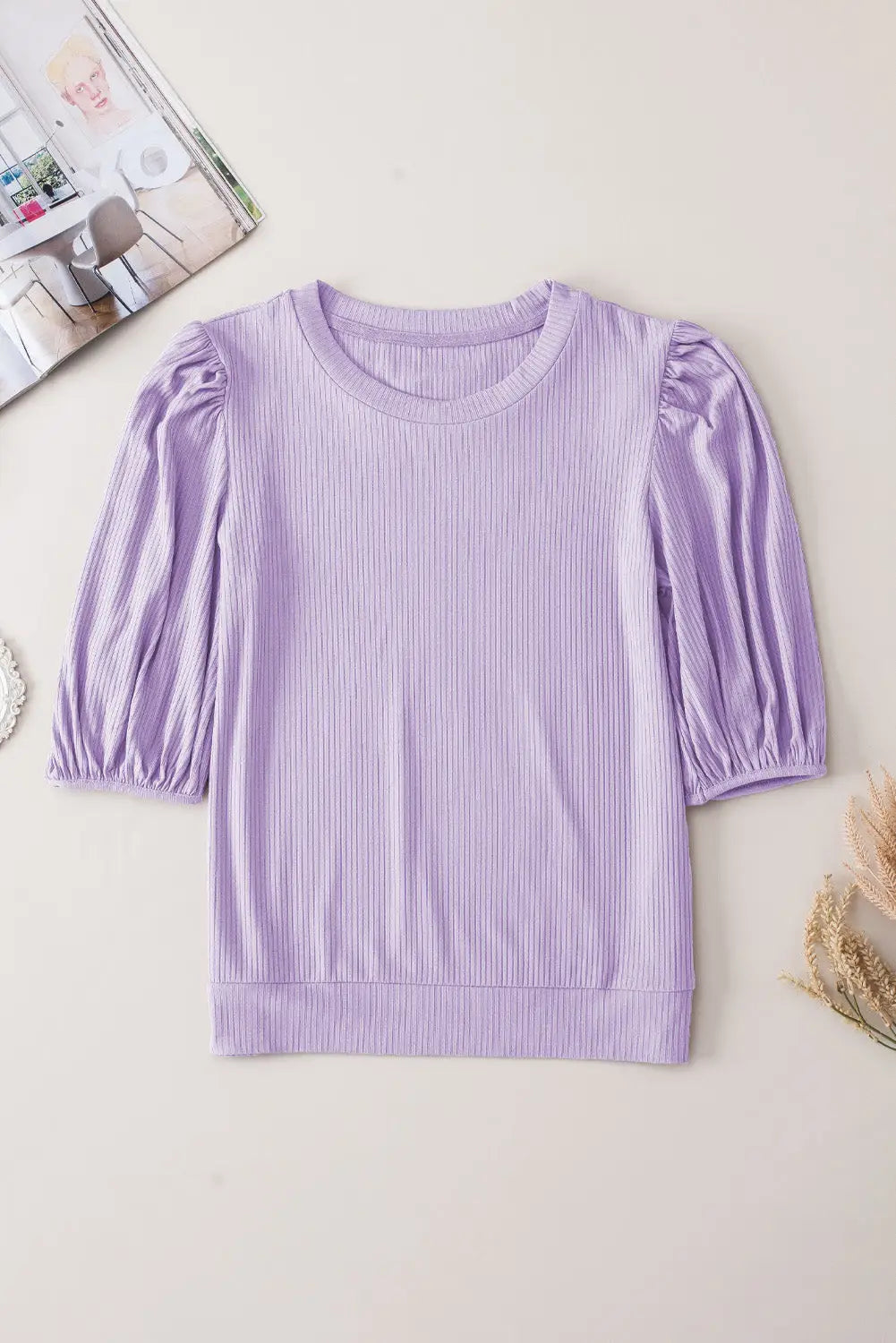 Rose Bubble Half Sleeves Ribbed Knit Top-26