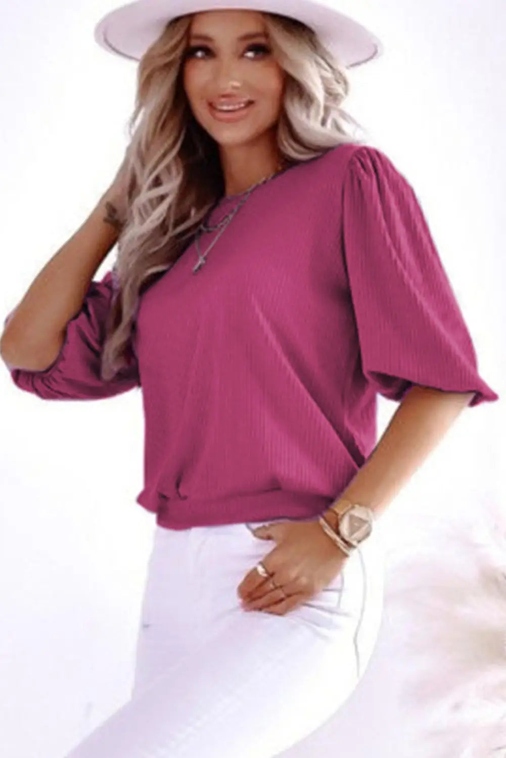 Rose Bubble Half Sleeves Ribbed Knit Top-2