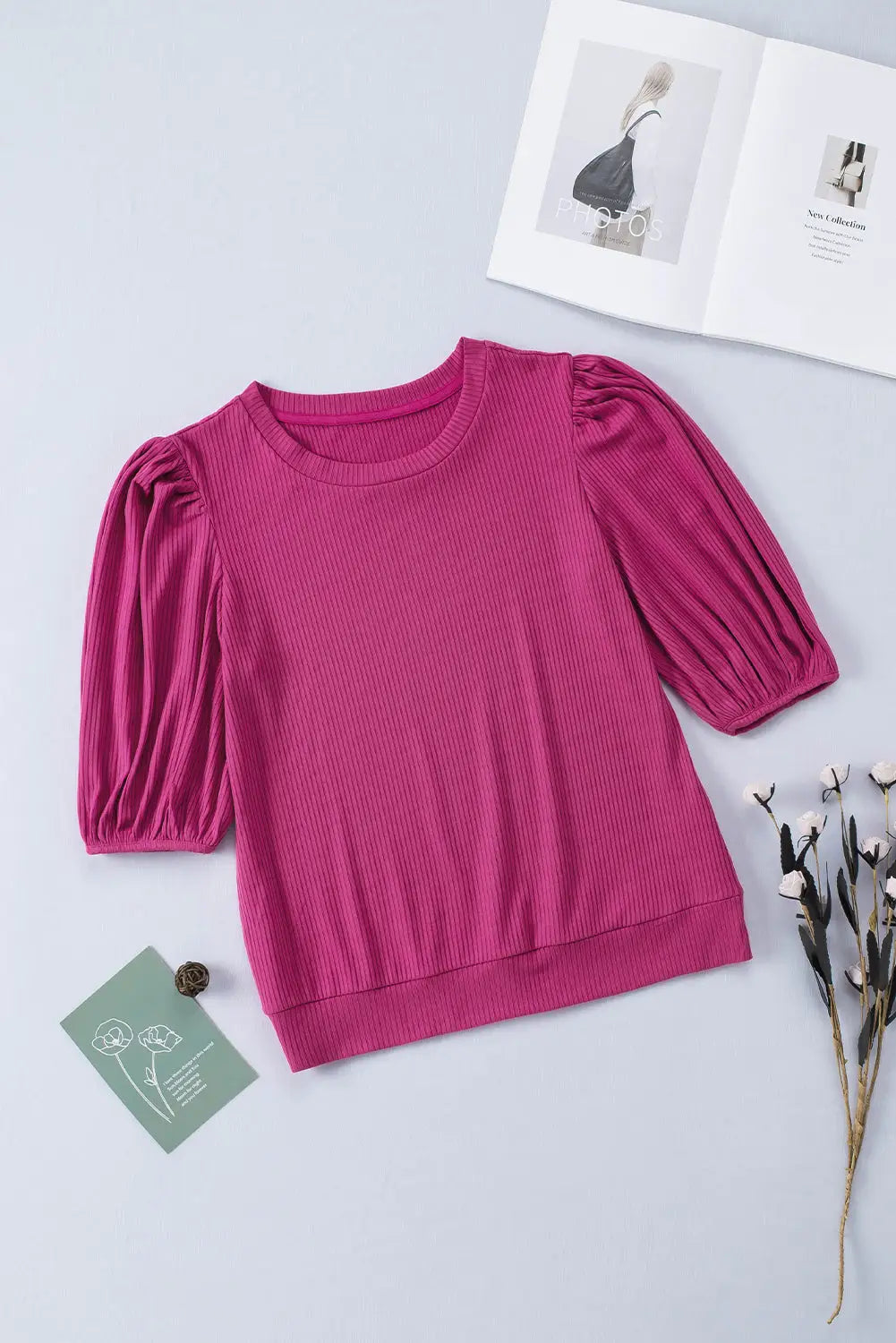 Rose Bubble Half Sleeves Ribbed Knit Top-5