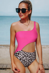 Thumbnail for Rose Leopard Patchwork Asymmetric Cutout One Piece Swimsuit-6