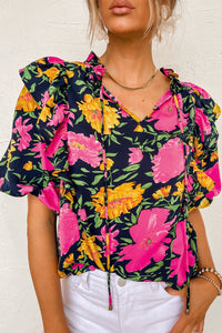 Thumbnail for Rose Red Floral Bubble Sleeve Notch V Neck Ruffled Blouse-0