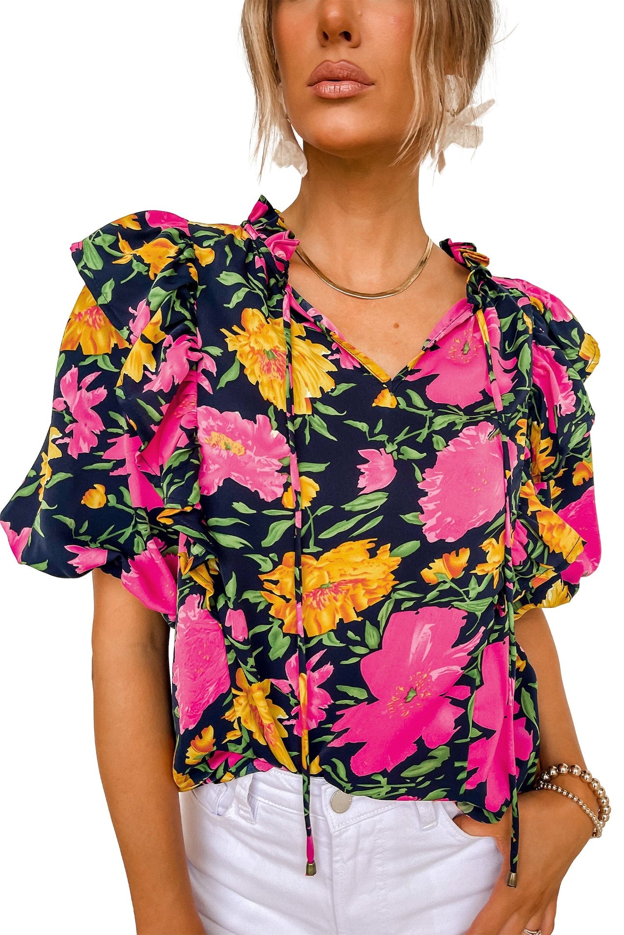 Rose Red Floral Bubble Sleeve Notch V Neck Ruffled Blouse-19