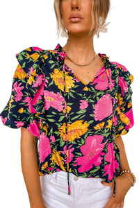 Thumbnail for Rose Red Floral Bubble Sleeve Notch V Neck Ruffled Blouse-19