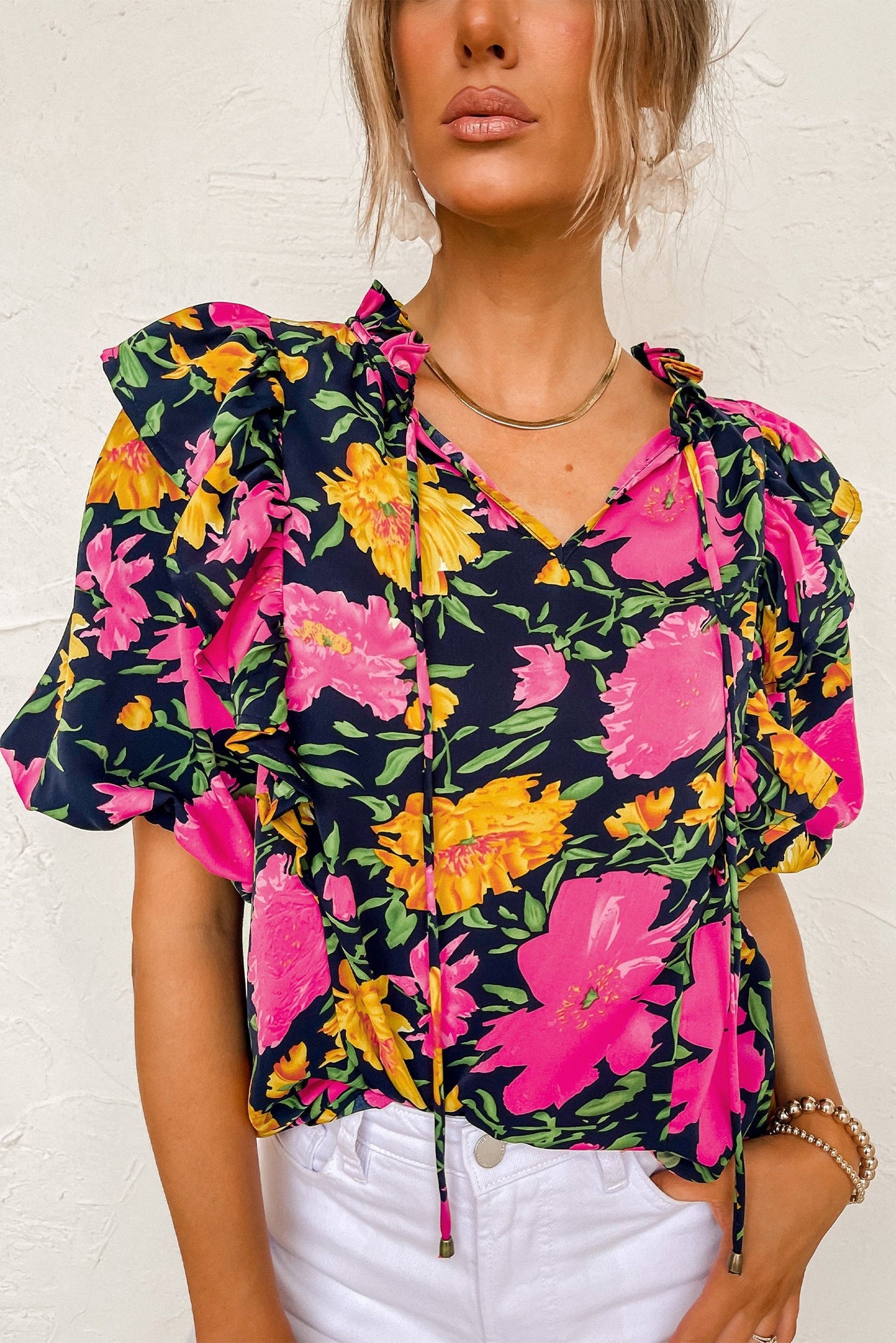 Rose Red Floral Bubble Sleeve Notch V Neck Ruffled Blouse-3