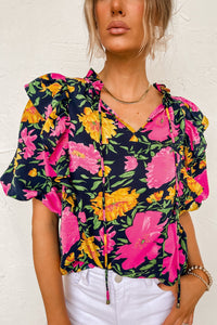 Thumbnail for Rose Red Floral Bubble Sleeve Notch V Neck Ruffled Blouse-3