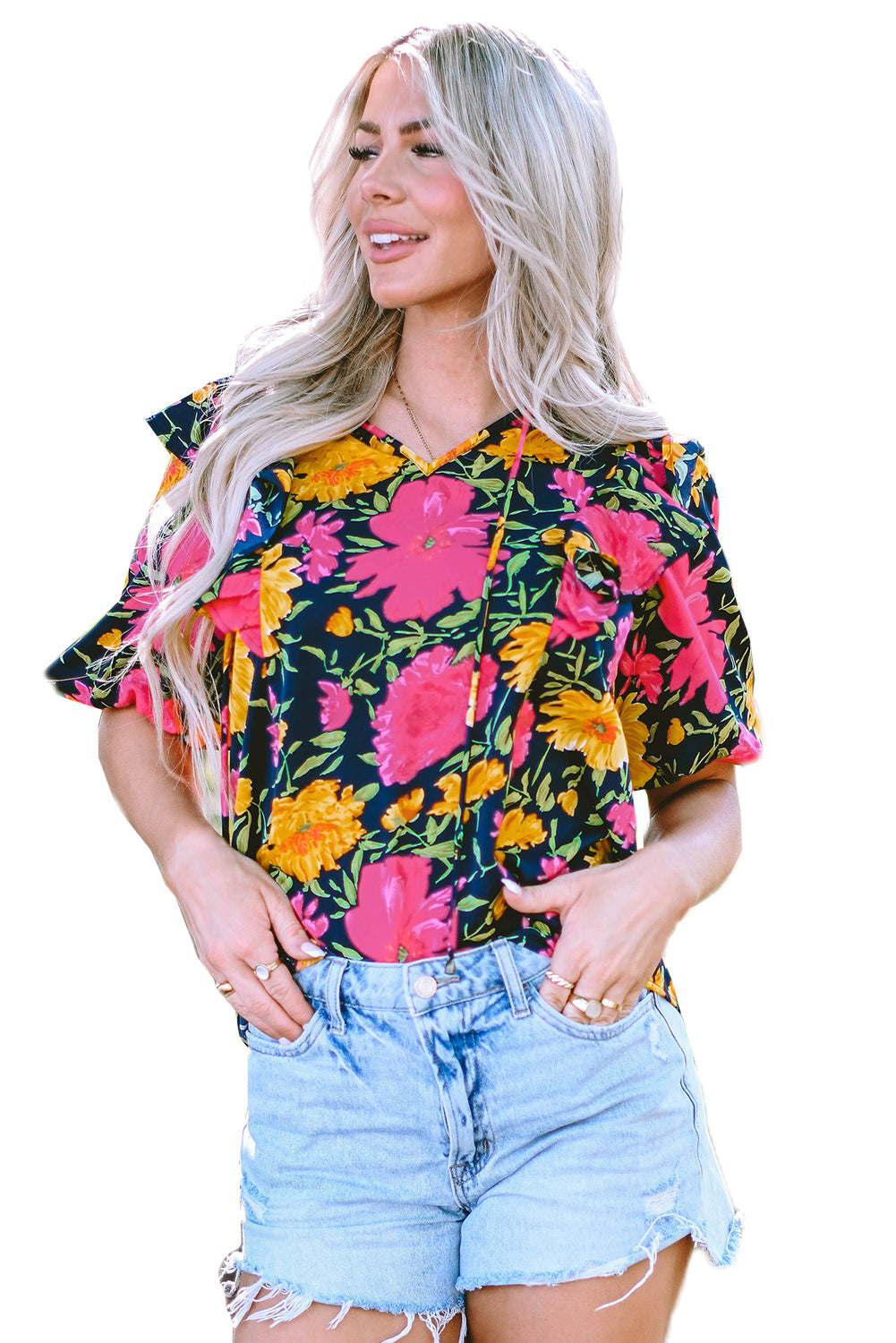 Rose Red Floral Bubble Sleeve Notch V Neck Ruffled Blouse-18