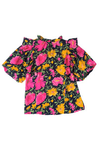 Thumbnail for Rose Red Floral Bubble Sleeve Notch V Neck Ruffled Blouse-20