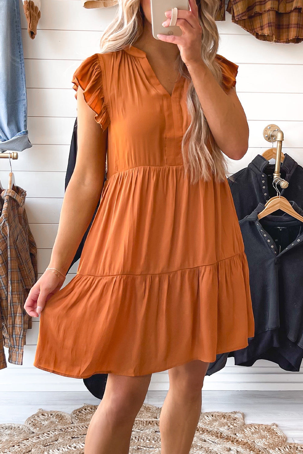 Russet Orange Tiered Mini Dress-0