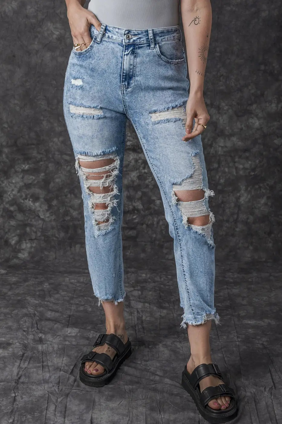 Washed Distressed Slim Fit Jeans-3