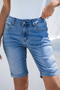 Thumbnail for Sky Blue Acid Wash Roll-up Edge Bermuda Short Jeans-0