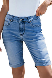 Thumbnail for Sky Blue Acid Wash Roll-up Edge Bermuda Short Jeans-21