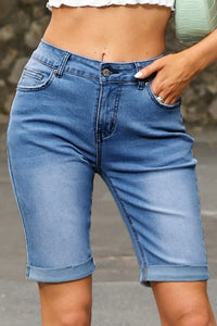 Thumbnail for Sky Blue Acid Wash Roll-up Edge Bermuda Short Jeans-6