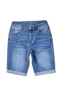 Thumbnail for Sky Blue Acid Wash Roll-up Edge Bermuda Short Jeans-19
