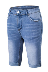 Thumbnail for Sky Blue Acid Wash Roll-up Edge Bermuda Short Jeans-23